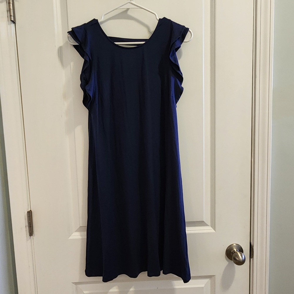 Lilly Pulitzer Navy Blue Ruffle Sleeve V-Back Cutout Knit Shift Dress XS